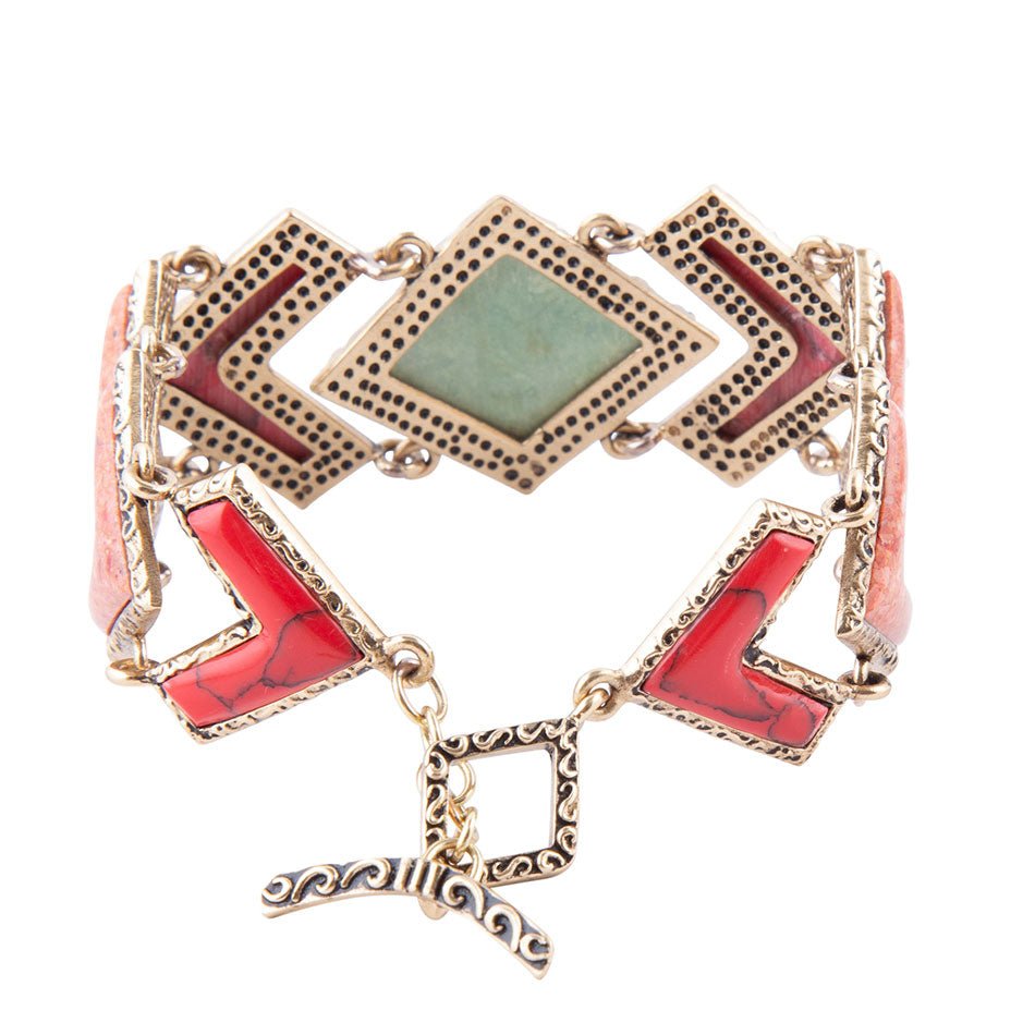 Green Turquoise and Coral Tapestry Golden Link Bracelet Barse Jewelry