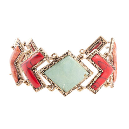 Green Turquoise and Coral Tapestry Golden Link Bracelet Barse Jewelry