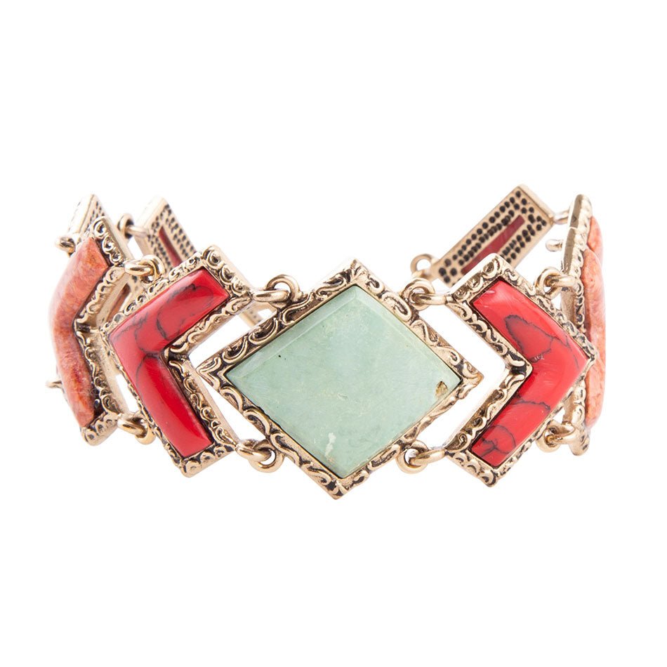Green Turquoise and Coral Tapestry Golden Link Bracelet Barse Jewelry