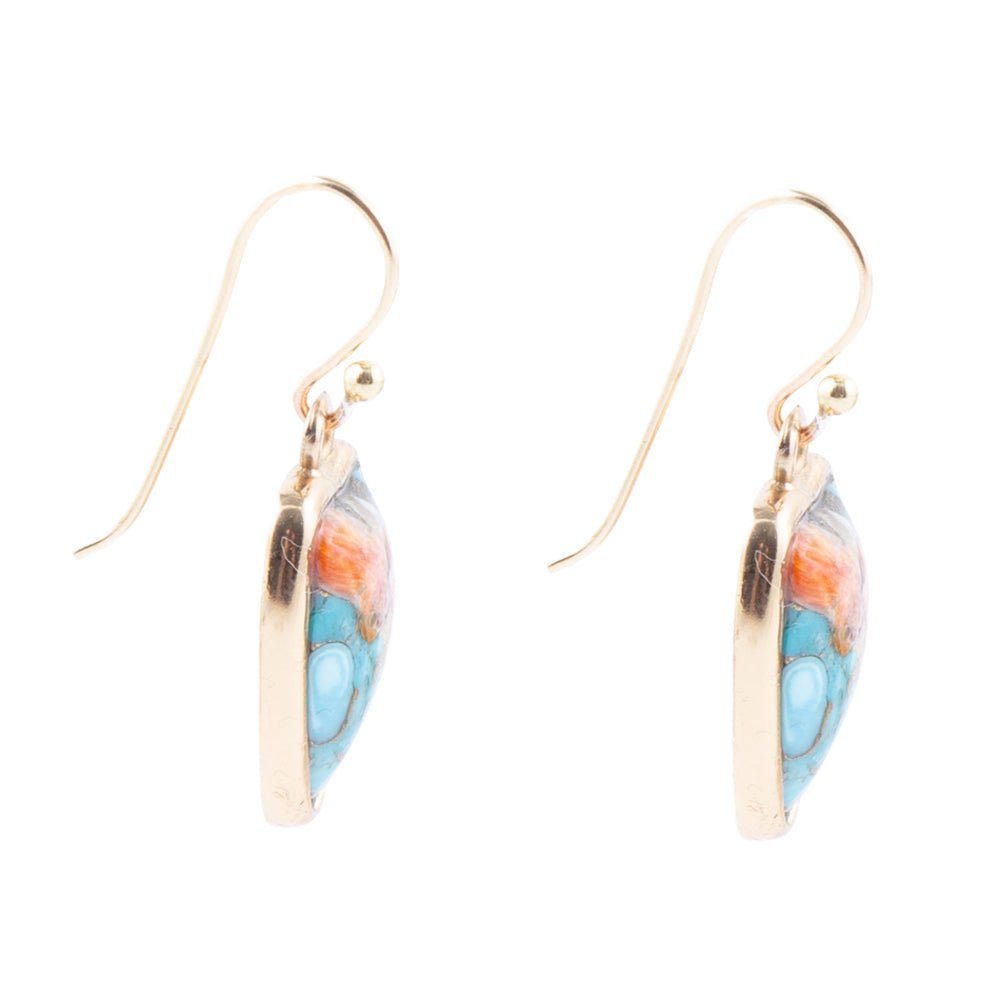 Blue Turquoise and Orange Spiny Oyster Matrix Golden Drop Earrings Barse Jewelry