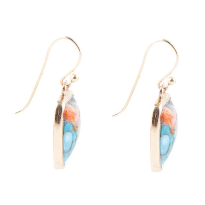 Blue Turquoise and Orange Spiny Oyster Matrix Golden Drop Earrings Barse Jewelry