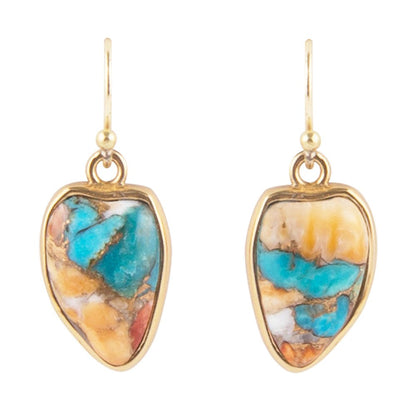 Blue Turquoise and Orange Spiny Oyster Matrix Golden Drop Earrings Barse Jewelry