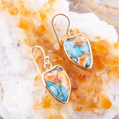 Blue Turquoise and Orange Spiny Oyster Matrix Golden Drop Earrings Barse Jewelry