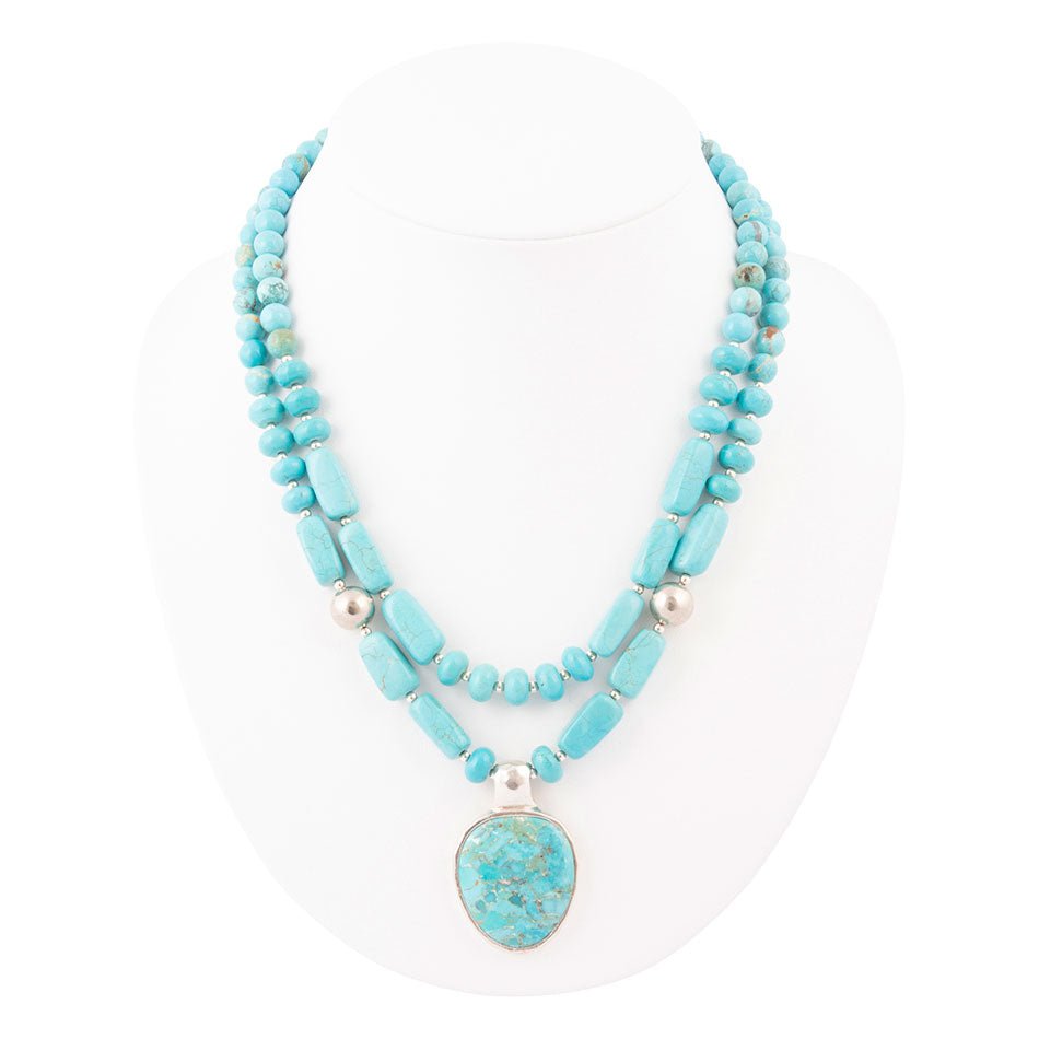 Double Stranded Blue Turquoise Sterling Silver Statement Pendant Necklace Barse Jewelry