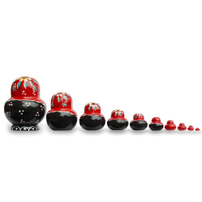 Set of 10 Daisy Flowers on Red Dress Nesting Dolls  7 Inches