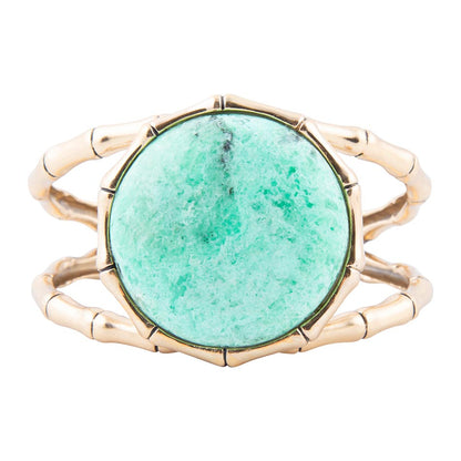 Vibrant Green Chrysoprase Golden Bamboo Statement Cuff Bracelet Barse Jewelry
