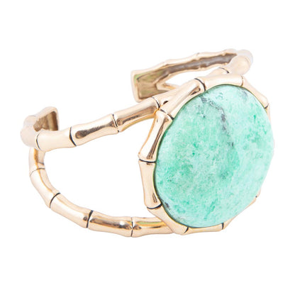 Vibrant Green Chrysoprase Golden Bamboo Statement Cuff Bracelet Barse Jewelry