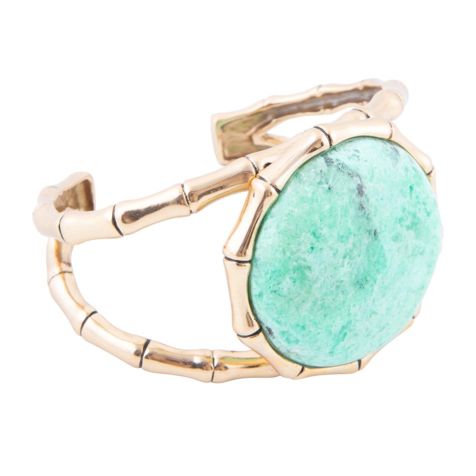 Vibrant Green Chrysoprase Golden Bamboo Statement Cuff Bracelet Barse Jewelry