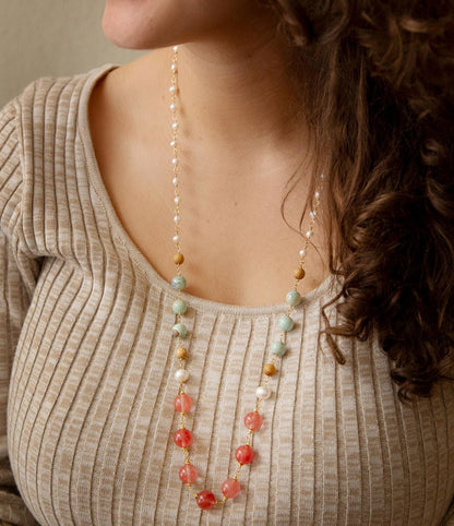 Watermelon Kiss Mint Jasper Golden Long Necklace Barse Jewelry