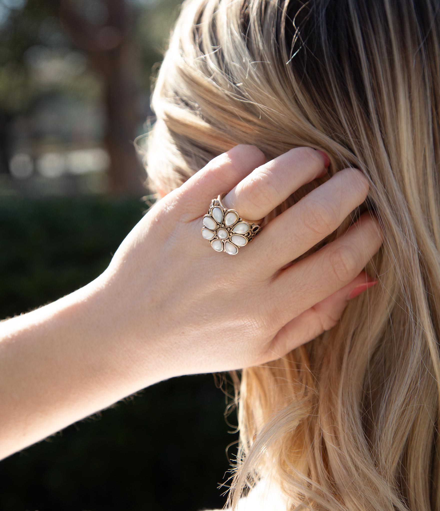 White Hibiscus Mother of Pearl and Golden Ring Barse Jewelry