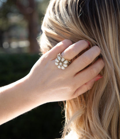 White Hibiscus Mother of Pearl and Golden Ring Barse Jewelry