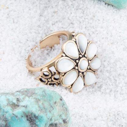 White Hibiscus Mother of Pearl and Golden Ring Barse Jewelry