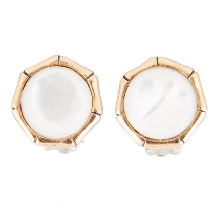 White Mother of Pearl Golden Bamboo Clip Earrings Barse Jewelry