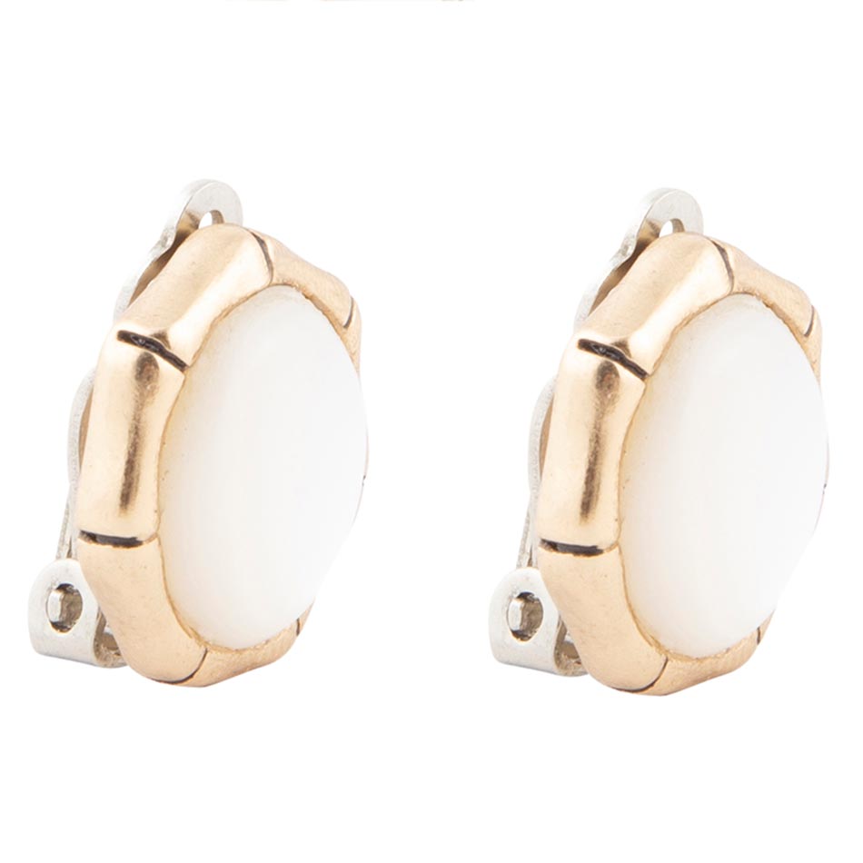 White Mother of Pearl Golden Bamboo Clip Earrings Barse Jewelry