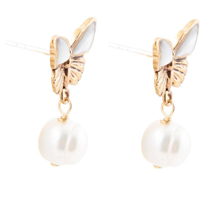 White Mother of Pearl Golden Butterflies Post Drop Earrings Barse Jewelry