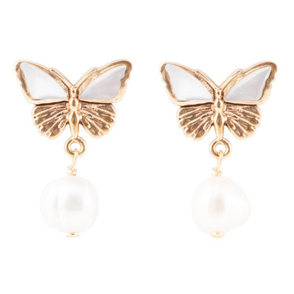 White Mother of Pearl Golden Butterflies Post Drop Earrings Barse Jewelry
