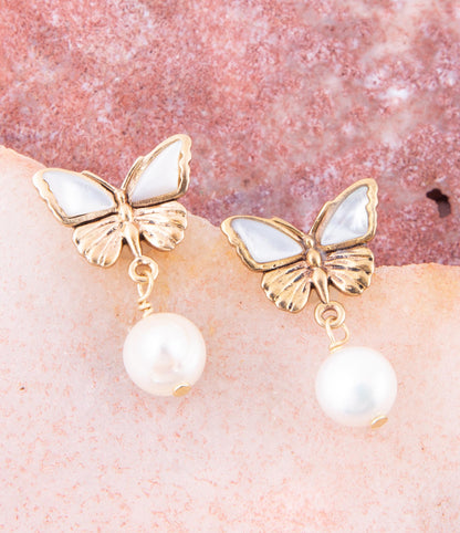 White Mother of Pearl Golden Butterflies Post Drop Earrings Barse Jewelry