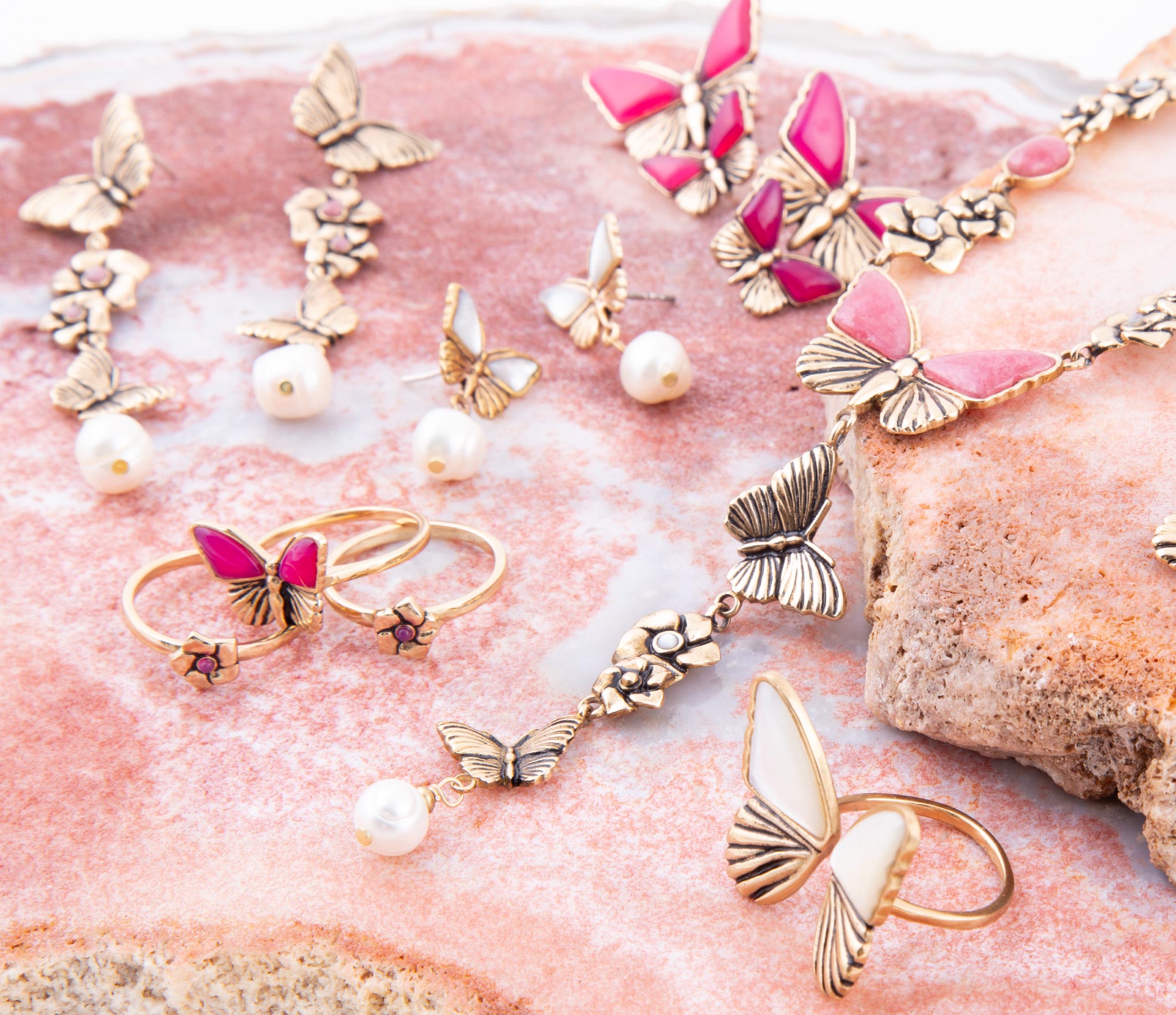 White Mother of Pearl Golden Butterflies Post Drop Earrings Barse Jewelry