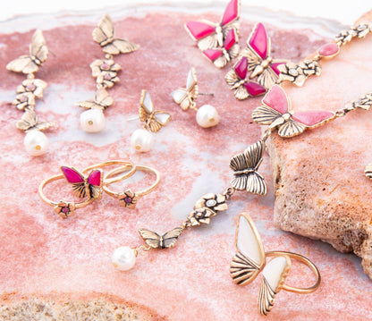 White Mother of Pearl Golden Butterflies Post Drop Earrings Barse Jewelry