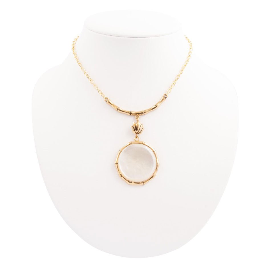 White Mother of Pearl Golden Statement Pendant Necklace Barse Jewelry