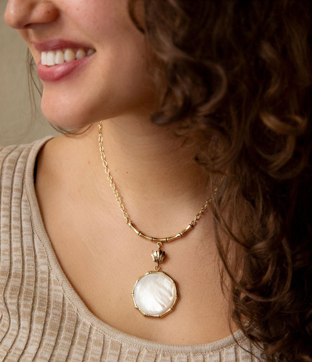 White Mother of Pearl Golden Statement Pendant Necklace Barse Jewelry