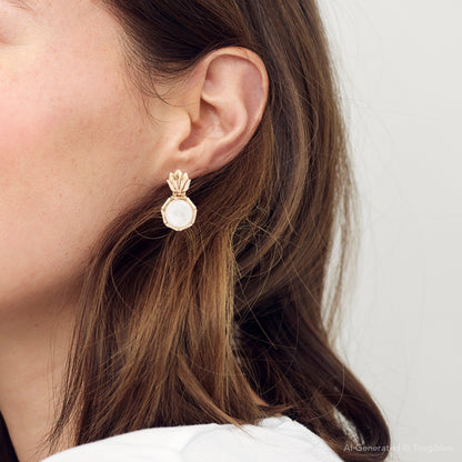 White Mother of Pearl Lotus Post Golden Drop Earrings Barse Jewelry