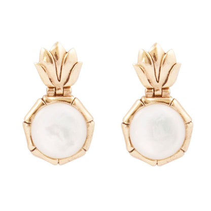 White Mother of Pearl Lotus Post Golden Drop Earrings Barse Jewelry