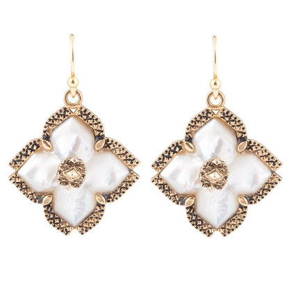White Mother of Pearl Maltese Cross Golden Drop Earrings Barse Jewelry