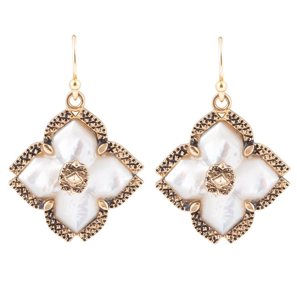 White Mother of Pearl Maltese Cross Golden Drop Earrings Barse Jewelry