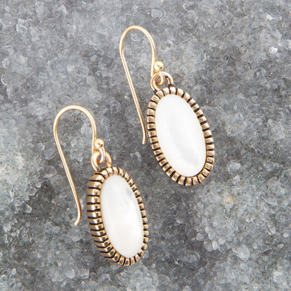 White Mother of Pearl Oval Golden Drop Earrings Barse Jewelry