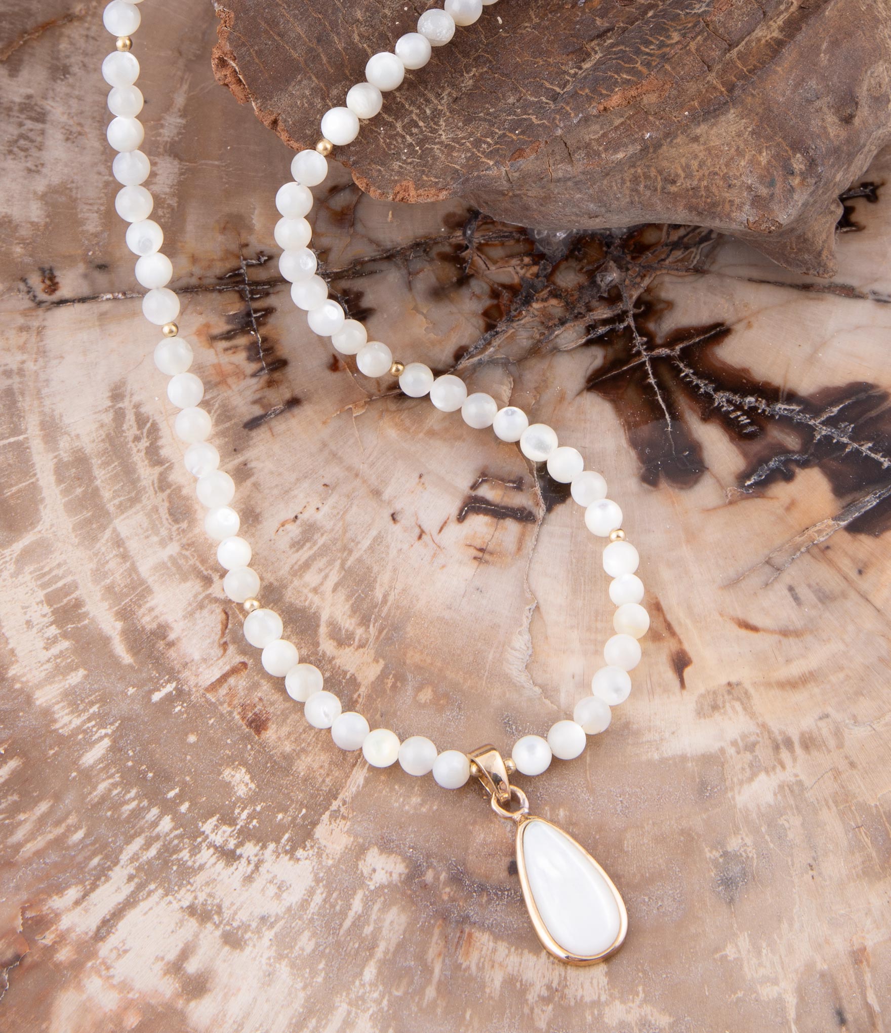 White Mother of Pearl Tear Drop Golden Pendant Necklace Barse Jewelry