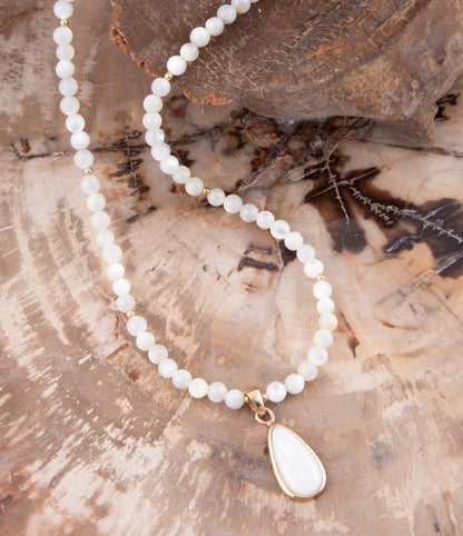 White Mother of Pearl Tear Drop Golden Pendant Necklace Barse Jewelry