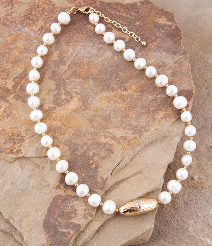 White Pearl Golden Beaded Strand Necklace Barse Jewelry