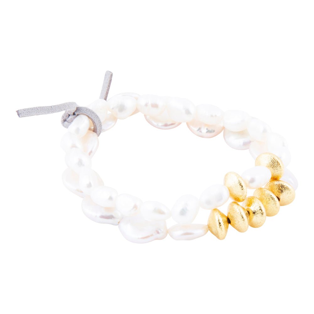 White Pearl Golden Stretch Bracelet Set Barse Jewelry