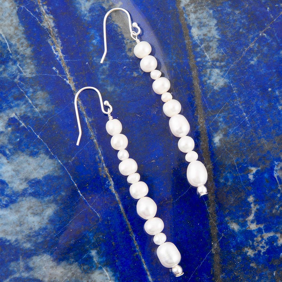 White Pearl Linear Sterling Silver Drop Earrings Barse Jewelry