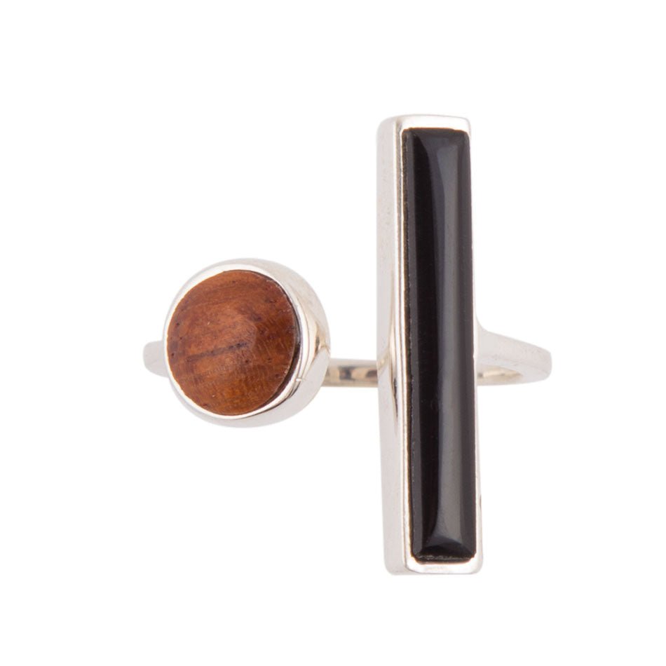 Brown Wood and Black Onyx Size Adjustable Sterling Silver Ring Barse Jewelry