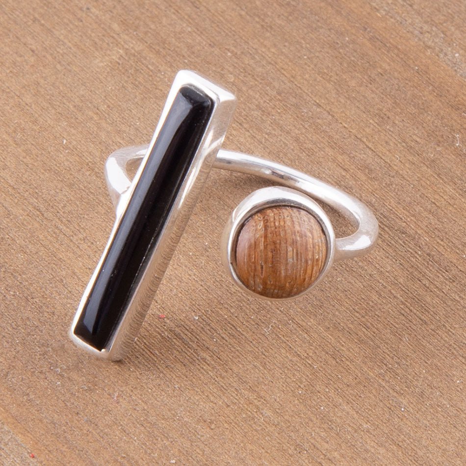 Brown Wood and Black Onyx Size Adjustable Sterling Silver Ring Barse Jewelry