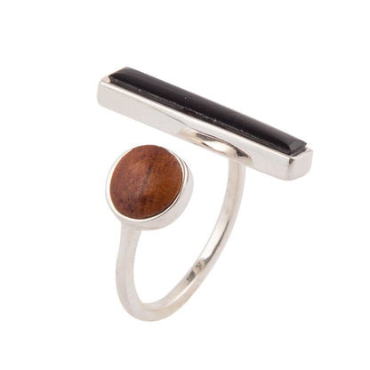 Brown Wood and Black Onyx Size Adjustable Sterling Silver Ring Barse Jewelry