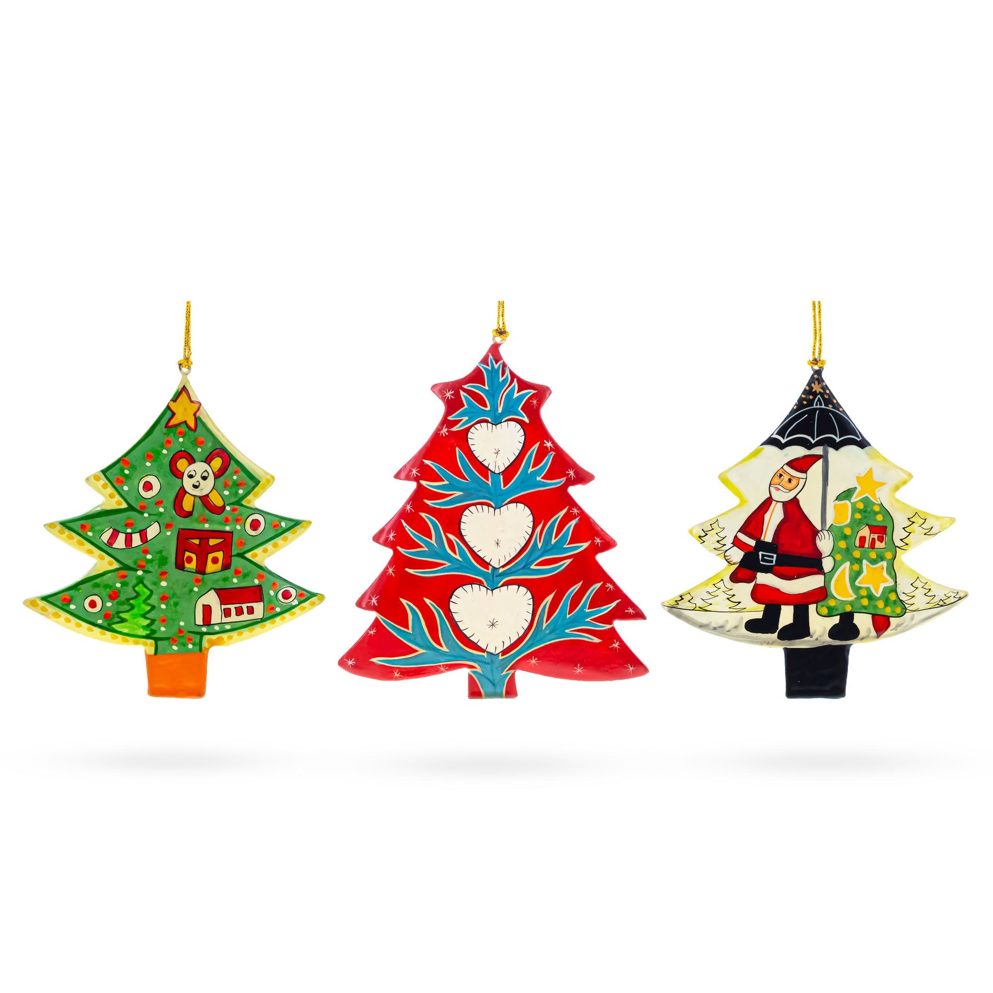 Set of 3 Colorful Holiday Trees with Santa and Hearts Wooden Christmas Ornaments BestPysanky