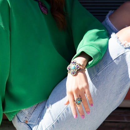 Zion Blue Turquoise Colorful Golden Cross Ring Barse Jewelry