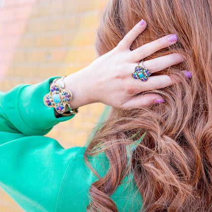 Zion Blue Turquoise Colorful Golden Cross Ring Barse Jewelry