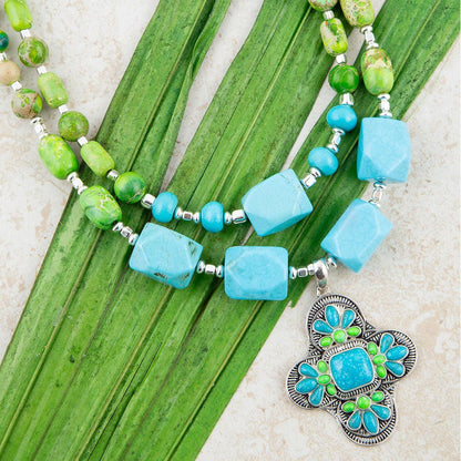 Zion Lime Green and Blue Turquoise and Sterling Silver Statement Necklace Barse Jewelry