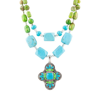 Zion Lime Green and Blue Turquoise and Sterling Silver Statement Necklace Barse Jewelry