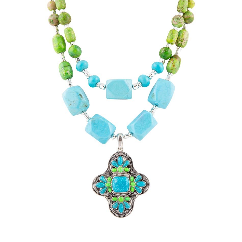 Zion Lime Green and Blue Turquoise and Sterling Silver Statement Necklace Barse Jewelry