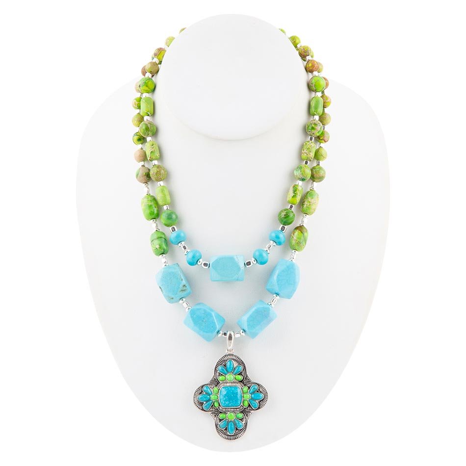 Zion Lime Green and Blue Turquoise and Sterling Silver Statement Necklace Barse Jewelry