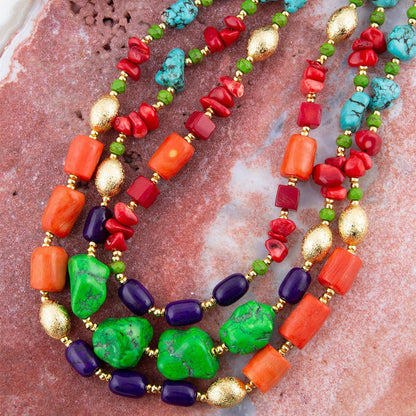 Zion Multi-Color Triple Strand Golden Statement Necklace Barse Jewelry