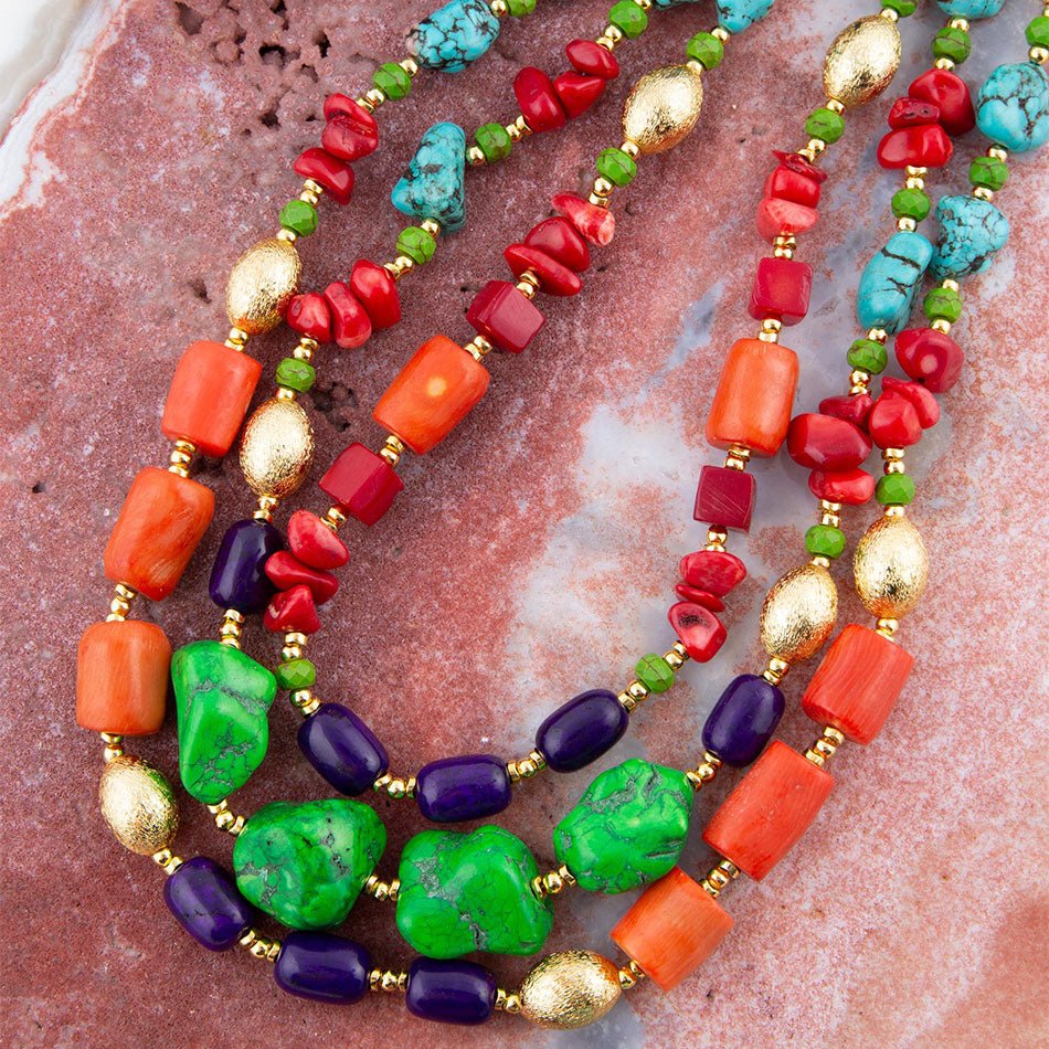 Zion Multi-Color Triple Strand Golden Statement Necklace Barse Jewelry