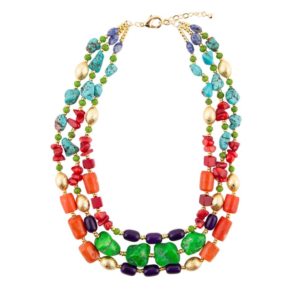 Zion Multi-Color Triple Strand Golden Statement Necklace Barse Jewelry